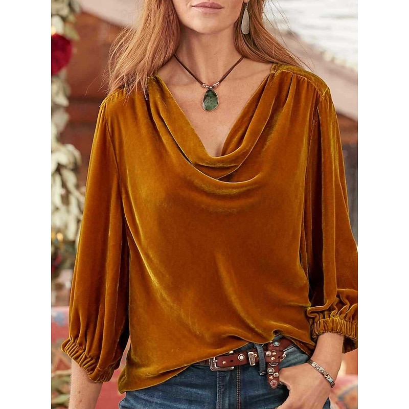 Women's Blouse Solid Color Stylish Casual 3/4 Length Sleeve Cowl Neck Regular Tops Daily Purple Fuchsia Orange Spring Fall Winter