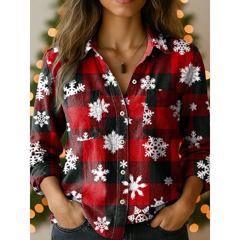 Christmas Women's Shirt Graphic Plaid Snowflake Elegant Vintage Tropical Long Sleeve Shirt Collar Regular Tops Daily Holiday Pocket Buttons Print Pink Red Blue Green Spring Fall Winter4