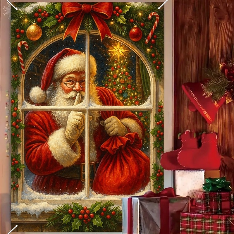 Christmas Santa at Window Curtain, 2025 Xmas Traditional Window Curtain Door Cover with Gifts, Holiday Decoration for Living Room, Front Door2