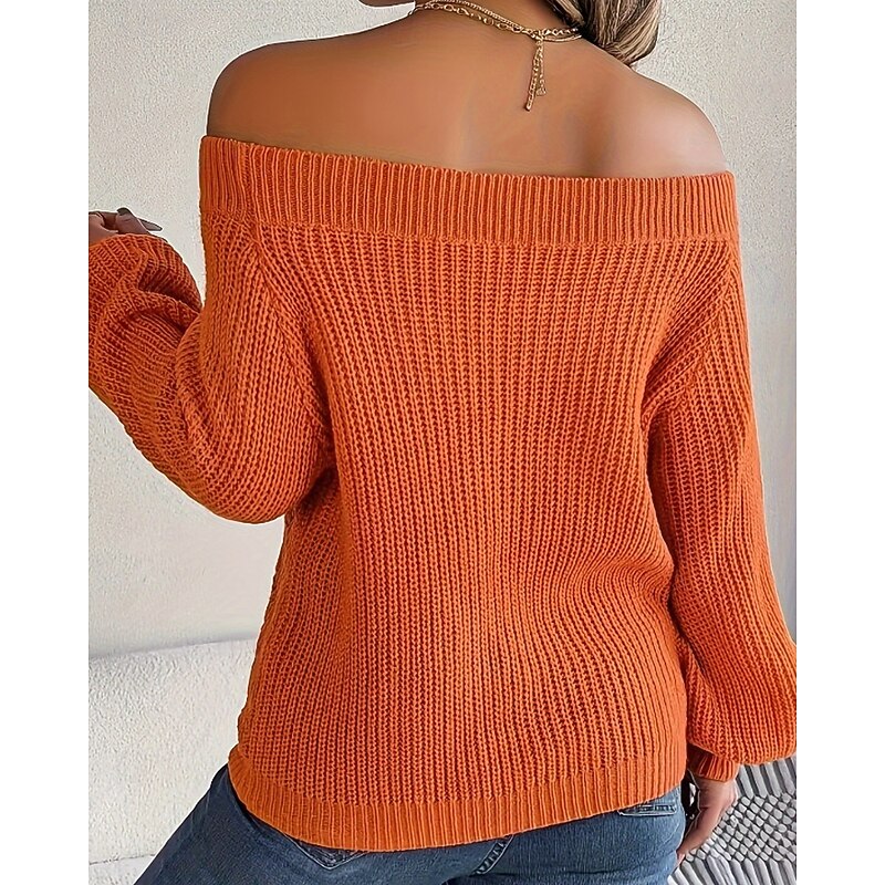 Women's Sweater Pullover Streetwear Casual Solid Color Off Shoulder Hollow Out Knitted Long Sleeve Regular Tops Knit Holiday Going out Weekend Blue Orange Spring Fall4