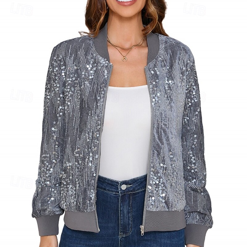 Women's Bomber Jacket Casual Jacket Comfortable Breathable Sequin Fashion Daily Plain Outdoor Casual Daily Zipper Regular Stand Collar Regular Fit Long Sleeve Outerwear Black Gray Spring Fall4