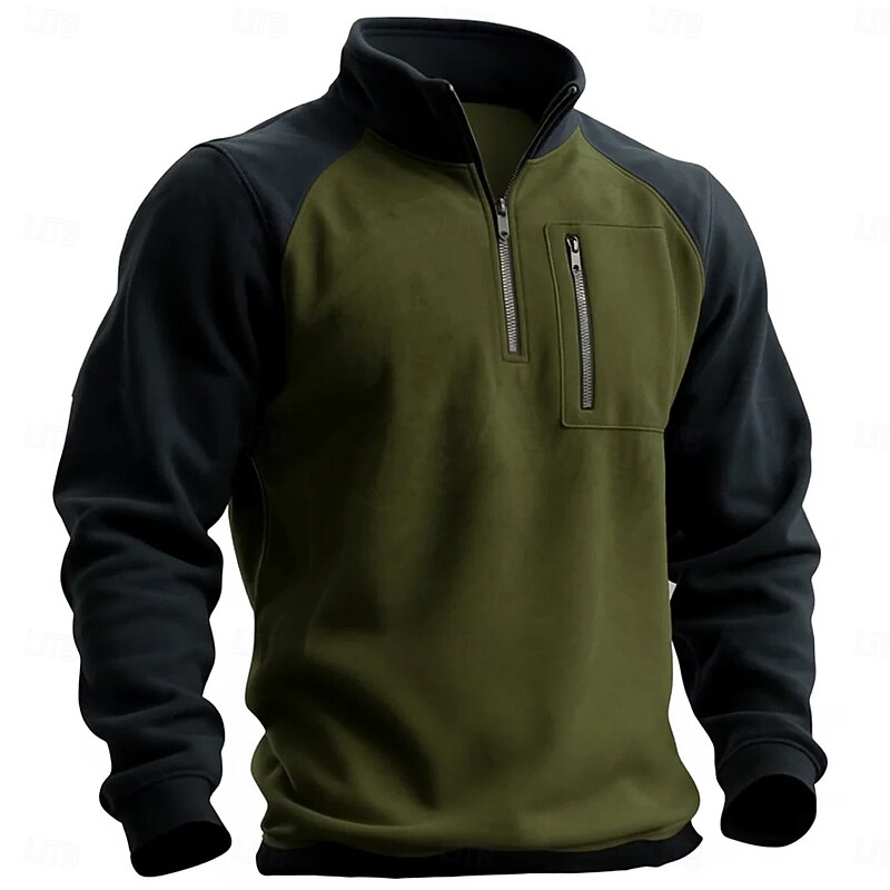 Men's Tee Top Long Sleeve Stand Collar Half Zip Fall Spring &  Fall Color Block Vintage Fashion Designer Pocket Color Block Vacation Street Casual Wine Navy Blue Green Top Tee for Men2