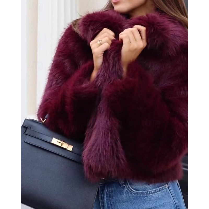 Women's Faux Fur Coat Warm Comfortable Furs & Leathers Casual Plain Vacation Street Daily Wear Weekend Short Turndown Regular Fit Long Sleeve Outerwear Wine Fall Winter3