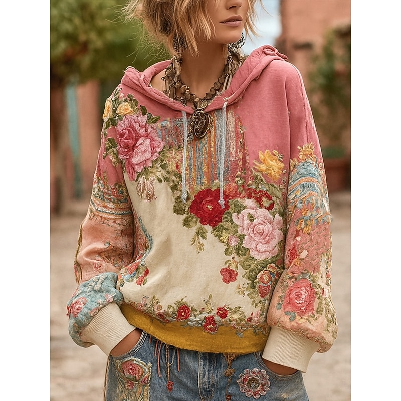 Women's Pullover Hoodie Sweatshirt Floral Graphic Elegant Warm Active Long Sleeve Hooded Regular Tops Street Dailywear Casual Patchwork Print Yellow Pink Blue Light Purple Purple Spring Fall Winter4