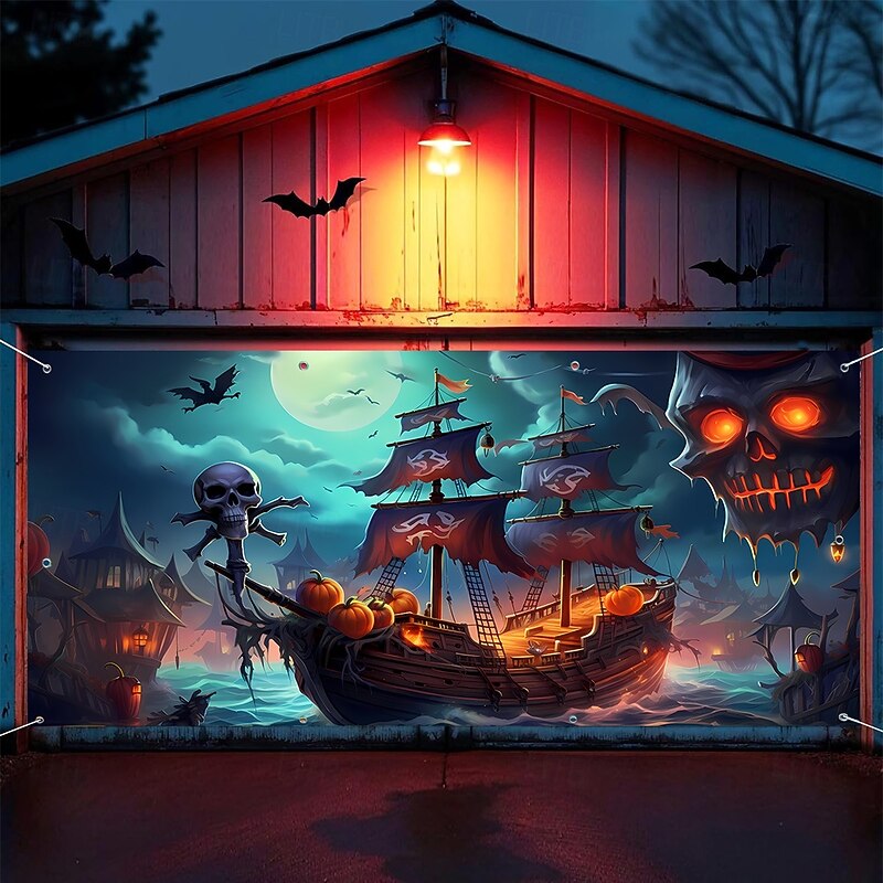 Halloween Tapestry Garage Door Cover Large Hanging Backdrop Skeleton Pirate Ship Fantasy Dark Punk Gothic Style Party Outdoor Shooting Backgrounds Yard Haunted House Home Decor2
