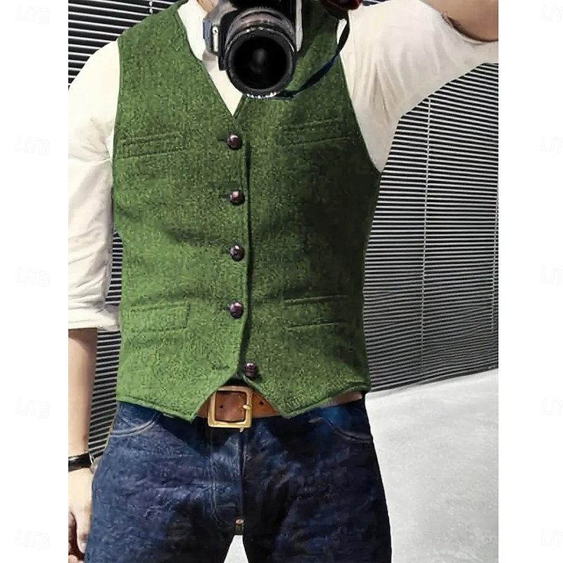 Men's Vest Waistcoat Outdoor Vest Causal Daily Fall & Winter Polyester Solid Color Thermal Warm Single Breasted Blazer Black Blue Brown Green