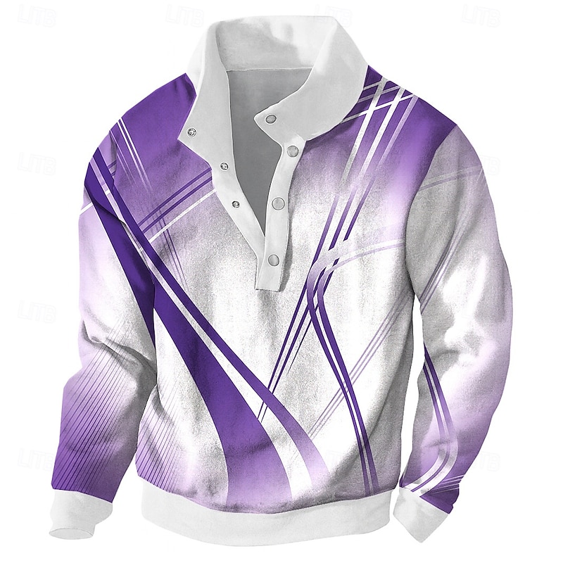 Men's Geometric Sweatshirt Fashion Daily High Neck Vacation Going out Blue Purple Buttons Fall Winter Designer4