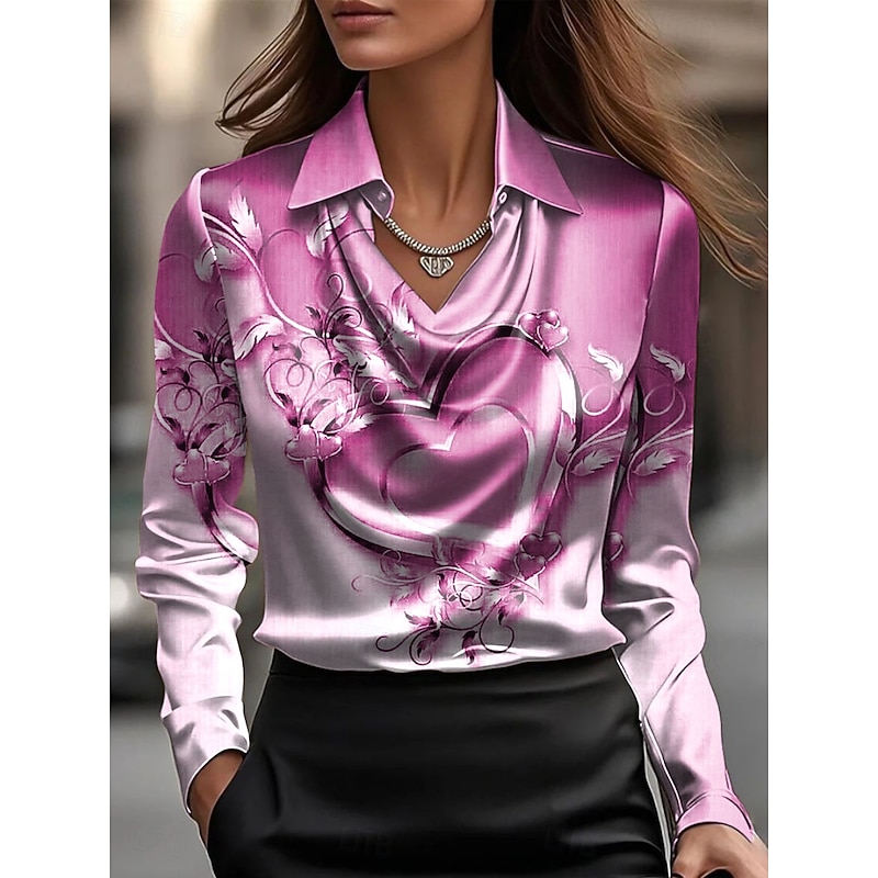 Valentine's Day Women's Shirt Dressy Tops Formal Work Shirt Heart Floral Graphic Elegant Stylish Long Sleeve Cowl Neck Regular Tops Party Evening Wear Daily Ruched Draped Pink Blue Purple Green Fall