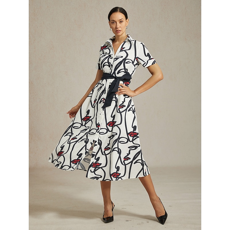 Women's Maxi Dress Shirt Abstract Face Art Short Sleeve Casual Vacation Spring Summer