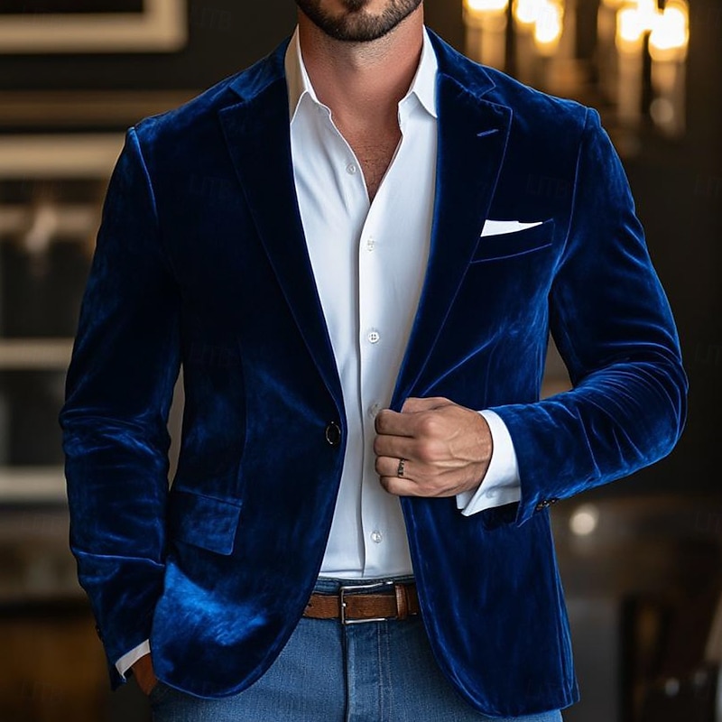 Men Winter Coat Velvet Blazer Formal Daily Classic Fall & Winter Velvet Solid Color Single Breasted One-button Blazer Burgundy Royal Blue Dark Green