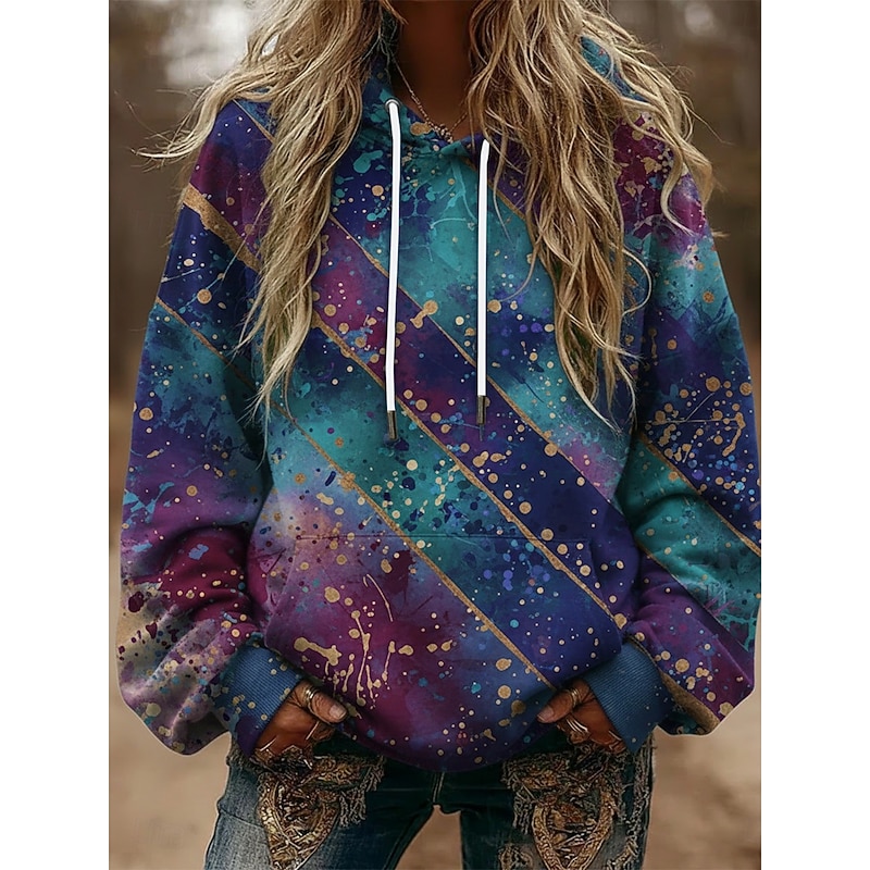Women's Pullover Hoodies Color Block Fashion Streetwear Casual Long Sleeve Hooded Regular Tops Dailywear Casual Sports Drawstring Pocket Print Blue Spring Fall