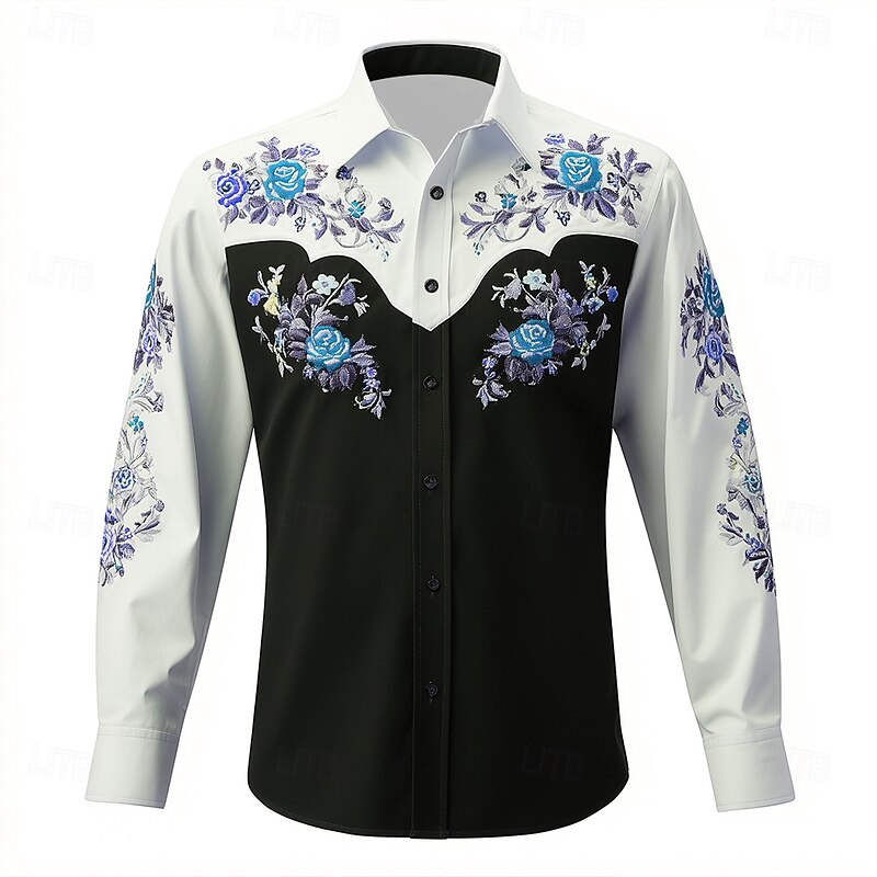 Men's Floral Print Cow Print Flowers Shirt Western Shirt Cowboy Shirt Long Sleeve Vintage Retro Outdoor Vacation Spring Fall Turndown 3D Print Linen Like Shirt Red Blue Purple Orange2