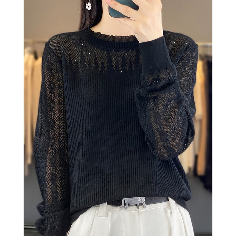 Women's Sweater Pullover Streetwear Casual Solid Color Stand Collar Lace Patchwork Knitted Long Sleeve Regular Tops Knit Daily Holiday Going out Wine Red Black Fall Winter4