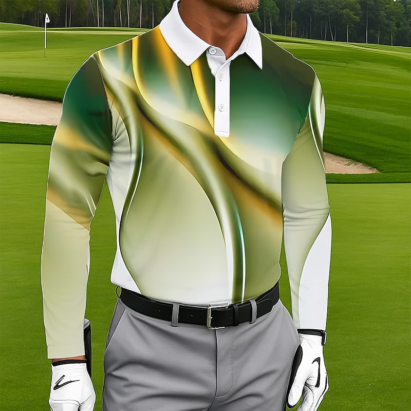Men's Geometic Golf Polo Long Sleeve Polo Shirts Lapel Casual Outdoor Athleisure Daily Wear 3D Print Buttons Spring Fall Winter Dark Pink Blue Green