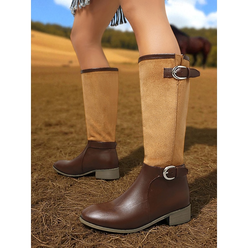 Women's Two-Tone Faux Leather Riding Boots –Western Knee-High Equestrian Style with Buckle Detail for Fall Fashion and Outdoor Wear