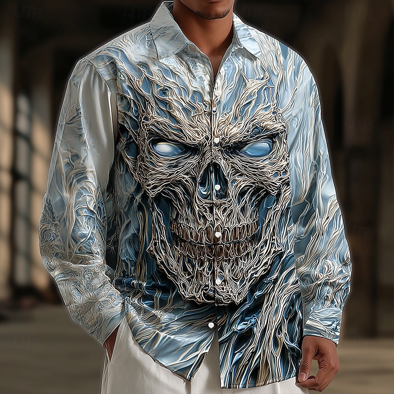 Halloween Men's Skeleton Frozen Ice skull Shirt Button Up Shirt Long Sleeve Dark Gothic Style Holiday Streetwear Spring Fall Turndown 3D Print Collared Shirts Blue