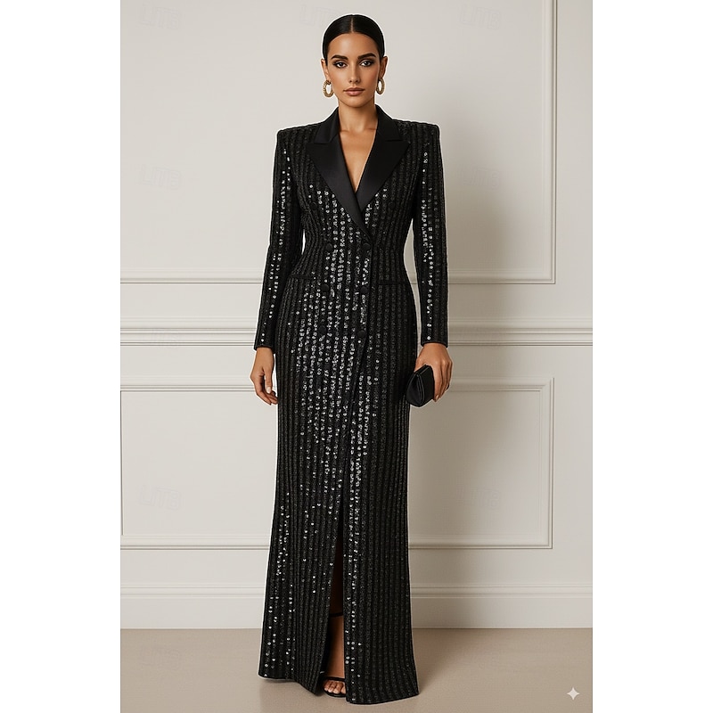 Black Tuxedo Blazer Dress Sheath / Column Formal Sequin Elegant Long Sleeve Floor Length Lapel Double Breasted