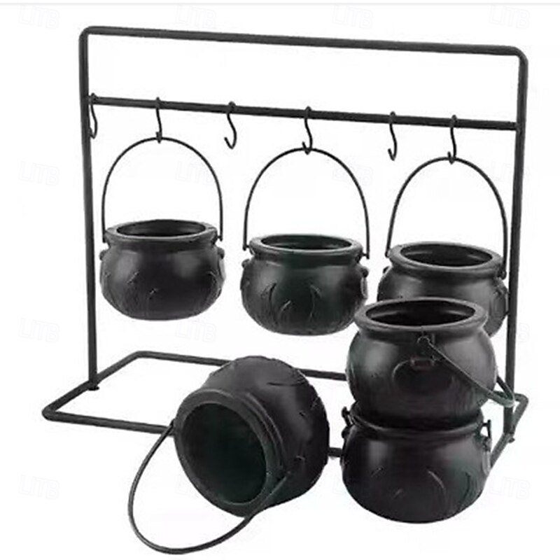 Halloween Decor - Set of 3 Witches Cauldron Serving Bowls on Rack - Black Plastic Cauldron for Indoor Outdoor Home Kitchen Decoration - (non-food contact)2