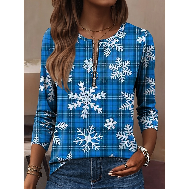 Women's T Shirt Graphic Plaid Snowflake Vintage Fashion Stylish Long Sleeve Crew Neck Regular Tops Daily Zipper Print Red Blue Purple Green Spring Fall Winter4