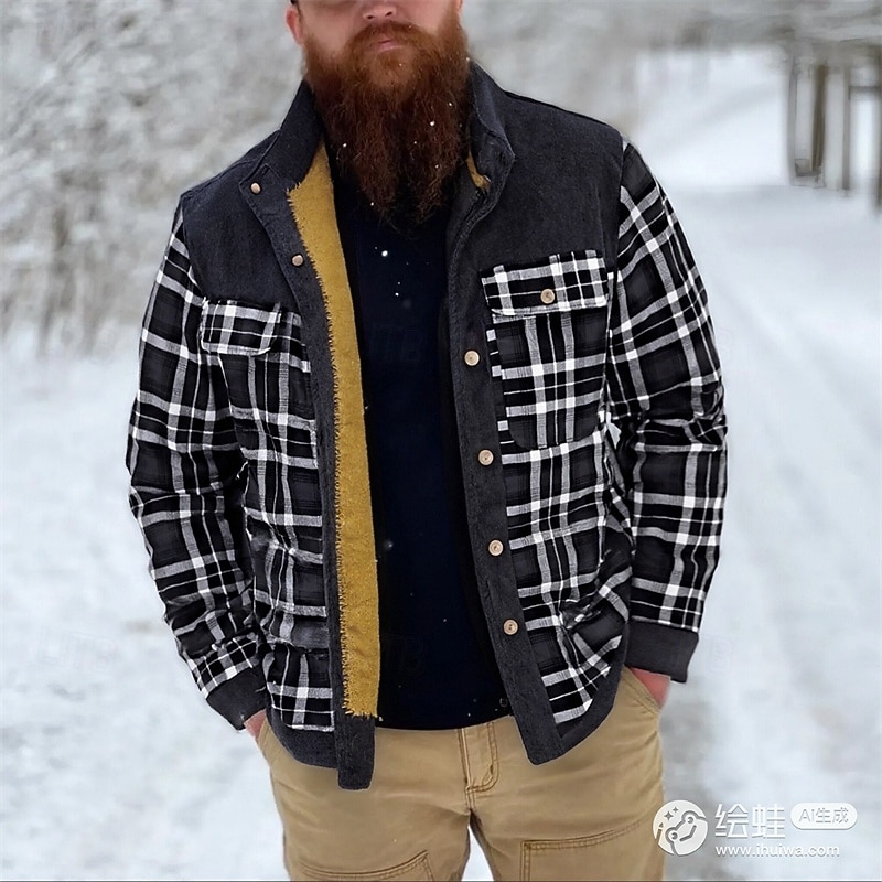 Men's Winter Jacket Shirt Jacket Fleece Jacket Casual Jacket Vacation Daily Thermal Warm Pocket Fleece Fall Winter Plaid Fashion Streetwear Stand Collar Regular Black Red Green Coffee Gray Jacket3