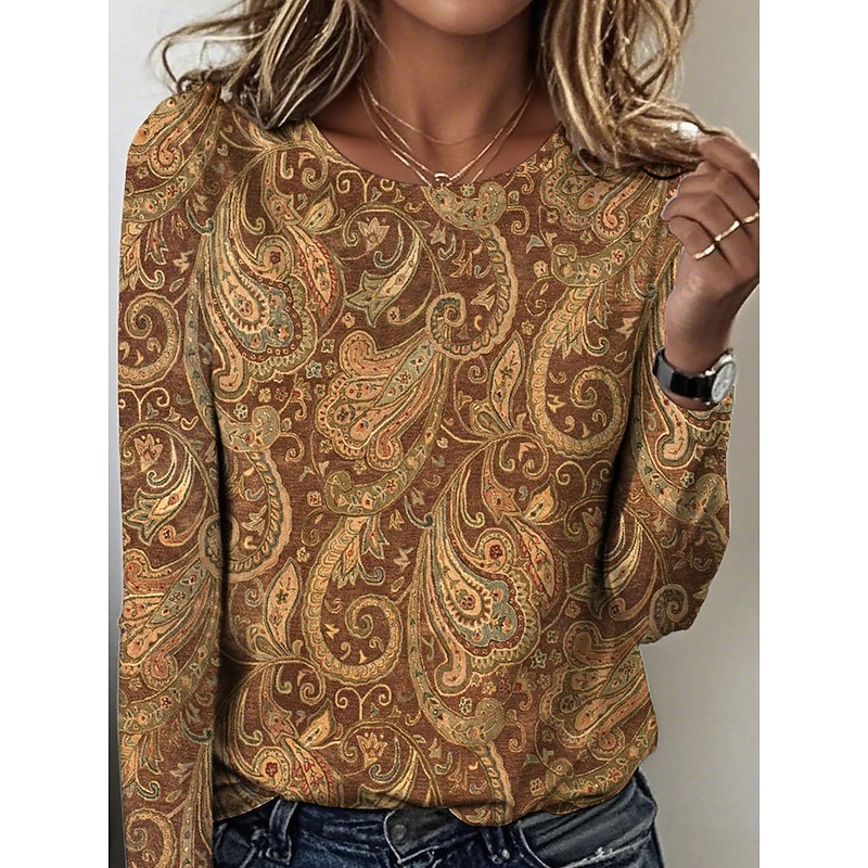 Women's T Shirt Floral Graphic Paisley Vintage Stylish Casual Long Sleeve Crew Neck Regular Tops Daily Print Blue Brown Green Spring Fall Winter