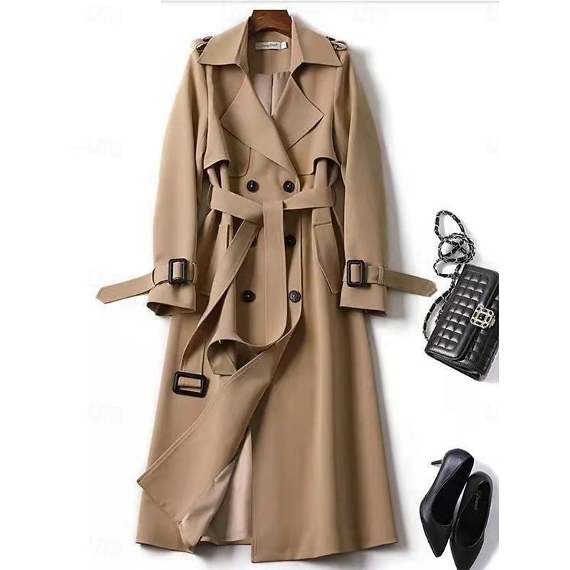 Women's Trench Coat Comfortable Breathable Buttons With Belt Casual Plain Vacation Street Casual Daily Wear Single Breasted Long Turndown Regular Fit Long Sleeve Outerwear Navy Black Red Spring Fall