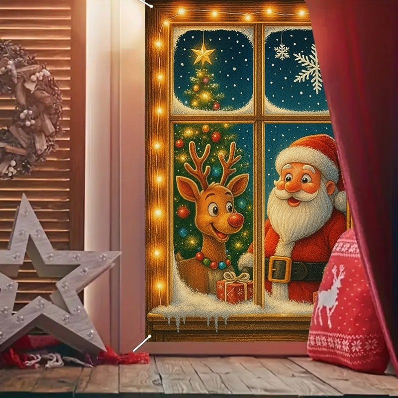 Christmas Santa with Reindeer Curtain, 2025 Xmas Festive Window Curtain Door Cover for Holiday Home Decor, Kids Room, Party Hanging Tapestry