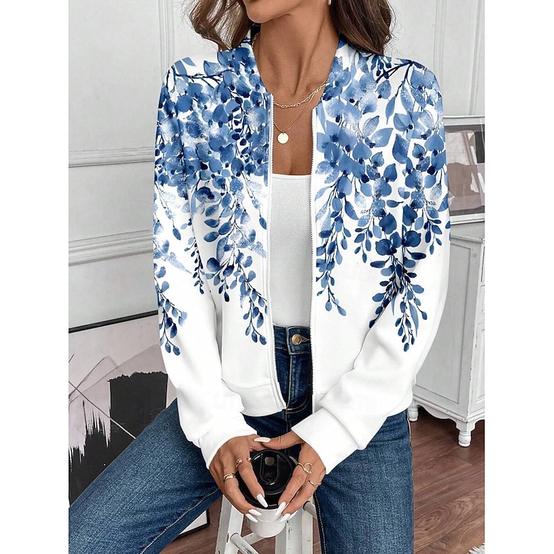 Women's Casual Jacket Warm Quick Dry Zipper Pocket Elegant Fashion Daily Simple Floral Vacation Casual Daily Holiday Short Baseball Collar Regular Fit Long Sleeve Outerwear Blue Green Spring Fall