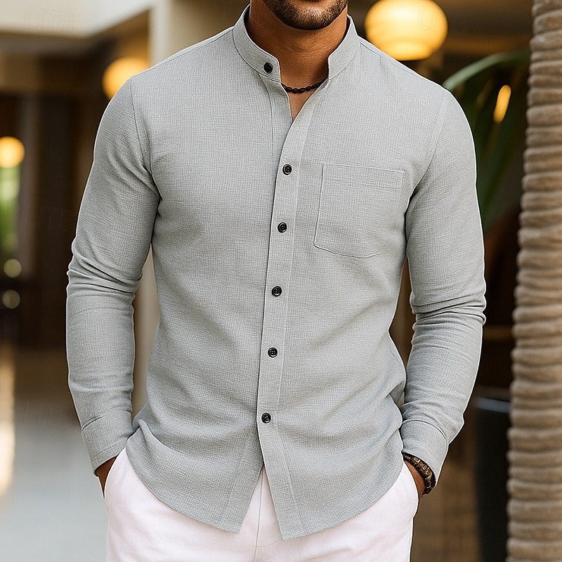 Men's Shirt Waffle Shirt Casual Shirt Band Collar Shirt Button Up Shirt Black White Wine Green khaki Long Sleeve Plain Mandarin Collar Daily Going out Clothing Apparel Fashion Modern Casual