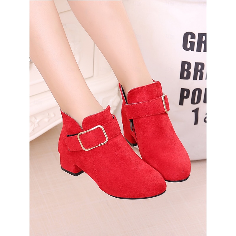 Girl's Red Suede Ankle Boots with Buckle Strap - Stylish Mid Heel Christmas Party Shoes for Kids Holiday Outfits2