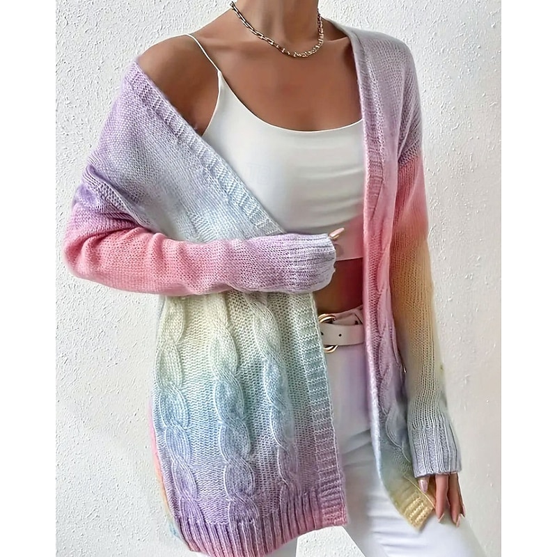 Women's Sweater Cardigan Streetwear Casual Tie Dye V Neck Knitted Long Sleeve Regular Tops Knit Daily Going out Weekend Purple Fall Winter2