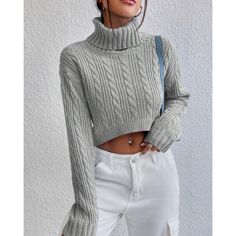 Women's Sweater Fashion Casual Pure Color Ribbed Turtleneck Knitted Long Sleeve Crop Tops Knit Outdoor Daily Weekend Gray Fall Winter2