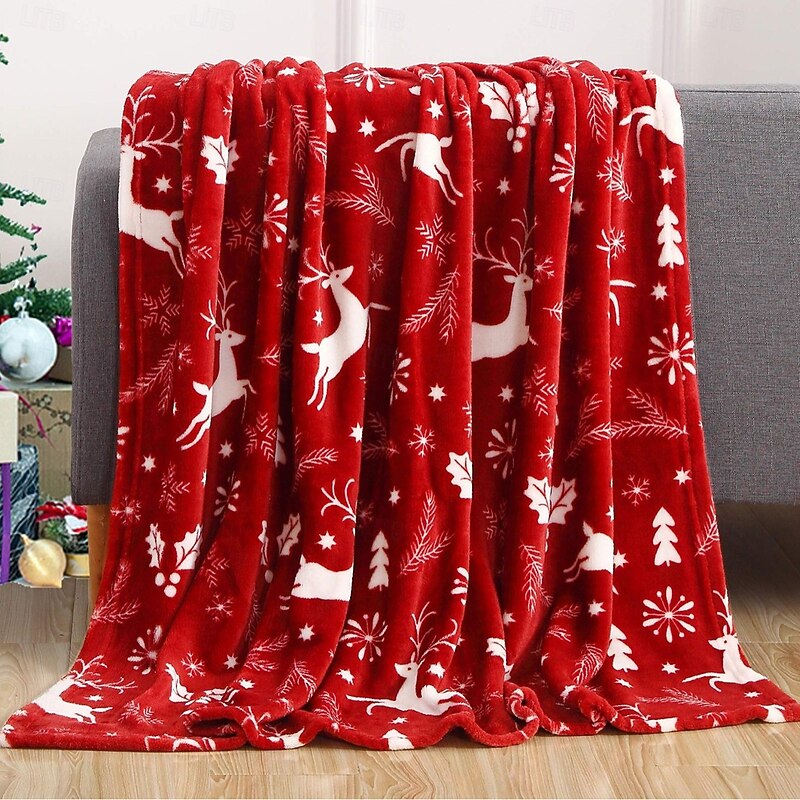 Festive Burgundy Reindeer Christmas Blanket, Soft Flannel Throw for Sofa, Holiday Home Decoration and Gift