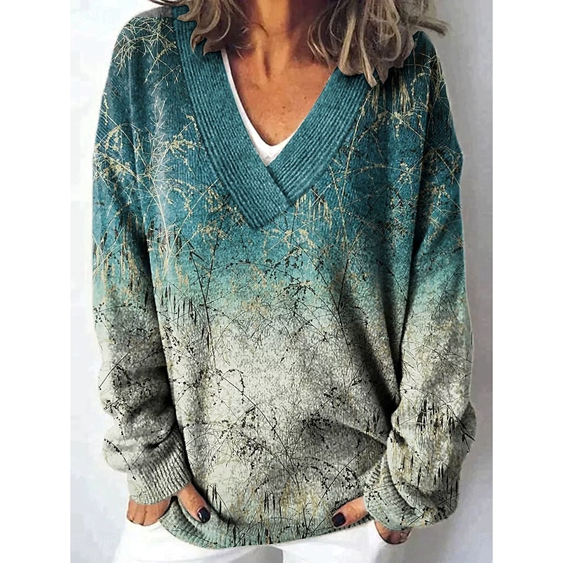 Women's Cardigan Daily Floral Graphic Geometric Ribbed V Neck Buttons Print Long Sleeve Regular Tops Knit Outdoor Weekend Navy Blue Royal Blue Spring Fall