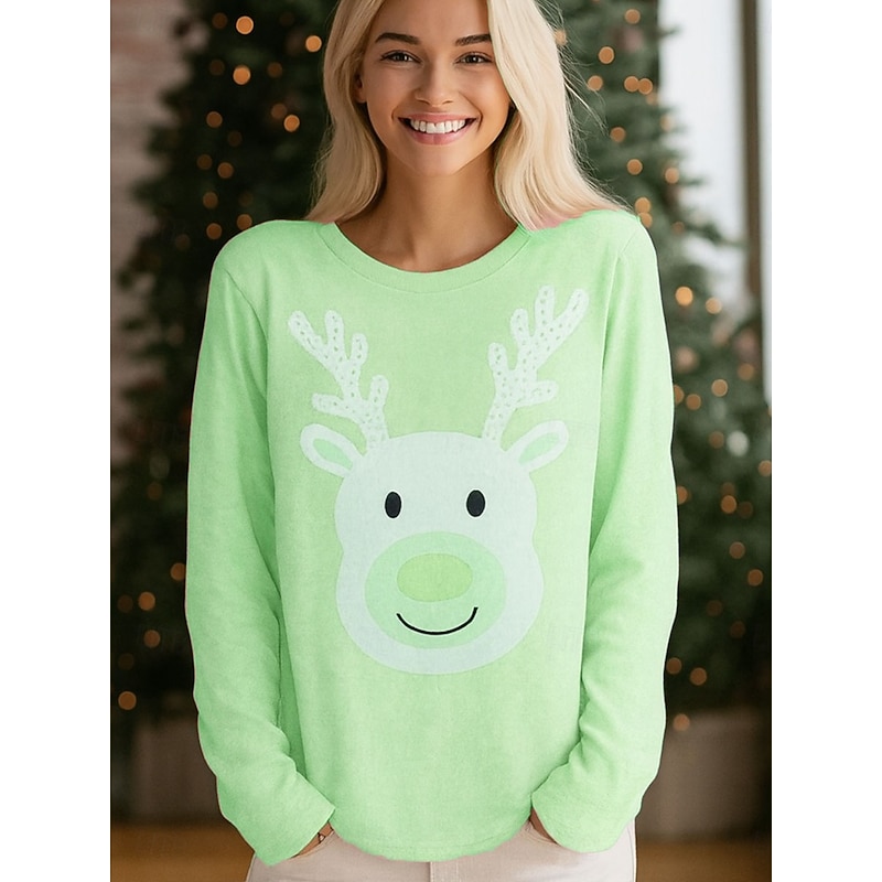 Christmas Women's T Shirt Graphic Reindeer Vintage Fashion Stylish Long Sleeve Crew Neck Regular Tops Daily Weekend Print Pink Blue Purple Green Spring Fall Winter4