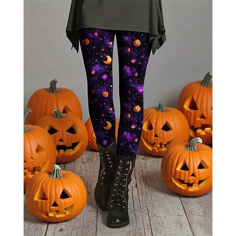 Women's Pants Trousers Leggings Cozy Leggings Streetwear Casual Full Length High WaistPantsHalloween Pumpkin Elastic Waist Print Breathability Comfortable Stretchy Vacation Street Daily Wear Purple2