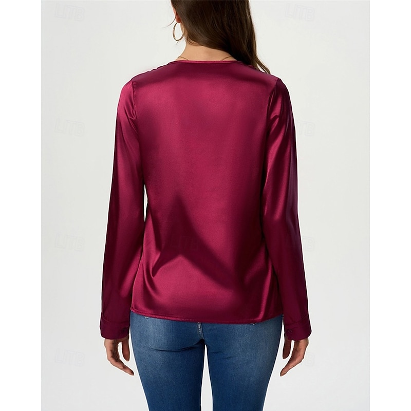 Women's Shirt Elegant Dressy Satin Solid Color Stylish Casual Long Sleeve V Neck Regular Tops Daily Going out Black White Wine Royal Blue Green Spring Fall4
