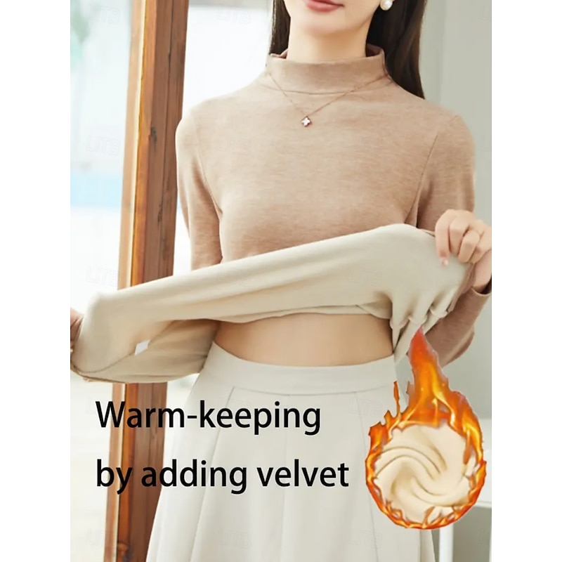 Women's Thermal Underwear Pajama Set Casual Comfort Pure Color Home Daily Long Sleeve Mock Neck Black Pink Brown Khaki Beige Spring Fall Winter Regular Fit4