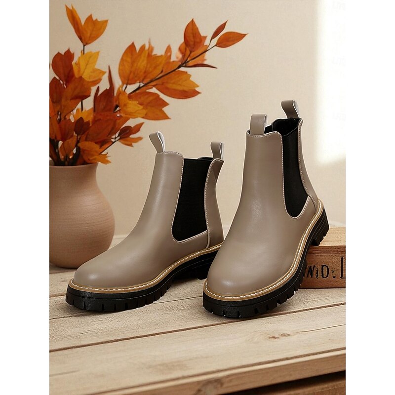 Women's Chelsea Ankle Boots – Faux Leather Slip-On Elastic Side Chunky Heel Shoes for Daily Wear and Fall Fashion2