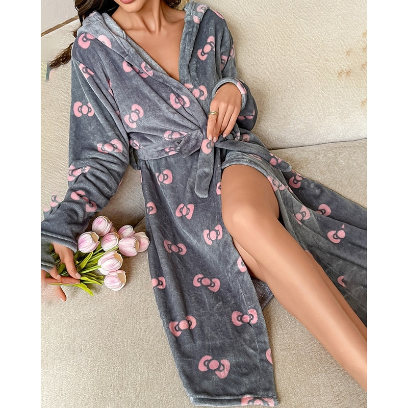 Women's Pajamas Robe Casual Floral Lace up Vacation Home Bed Long Sleeve Hoodie Dark Gray Fall Winter Tailored Fit4