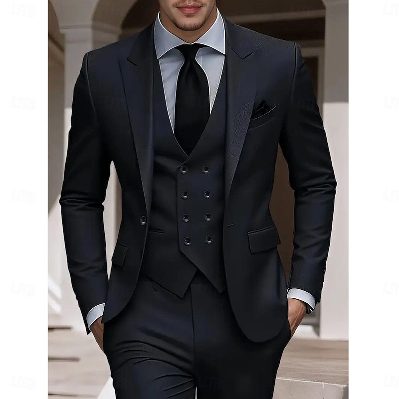 Men's Party Business Wedding Suits Peaked Lapel Notch Lapel Black Light Grey Daily Formal Solid Colored Tailored Fit 3 Piece Single Breasted One-button