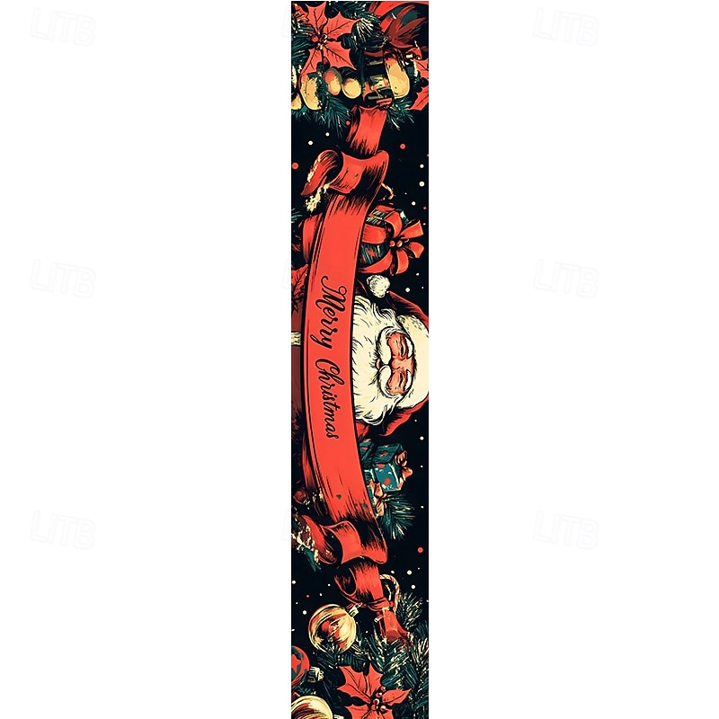 Christmas Linen Table Runner, Holiday Cartoon Santa & Snowflake Print Tablecloth, Dining Table Decor, Living Room & Countertop Festive Decoration3