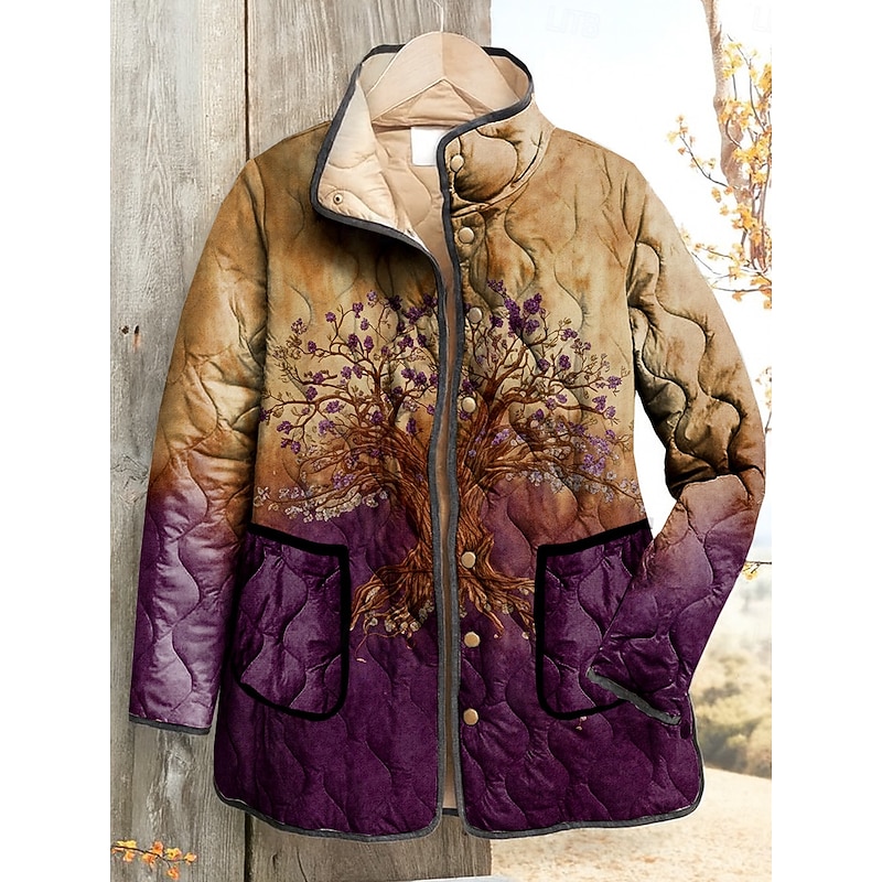 Women's Winter Jacket Quilted Jacket Warm Lightweight Print Elegant Vintage Boho Vintage Vacation Home Casual Regular Stand Collar Regular Fit Long Sleeve Outerwear Yellow Light Purple Purple Fall2