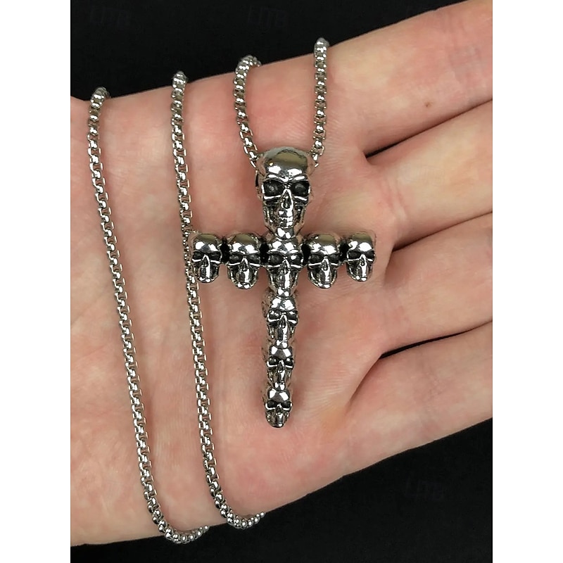 Men's Halloween Skull Cross Necklace – Gothic Alloy Pendant with Chain, Punk Style Jewelry for Party, Cosplay and Festival Wear3