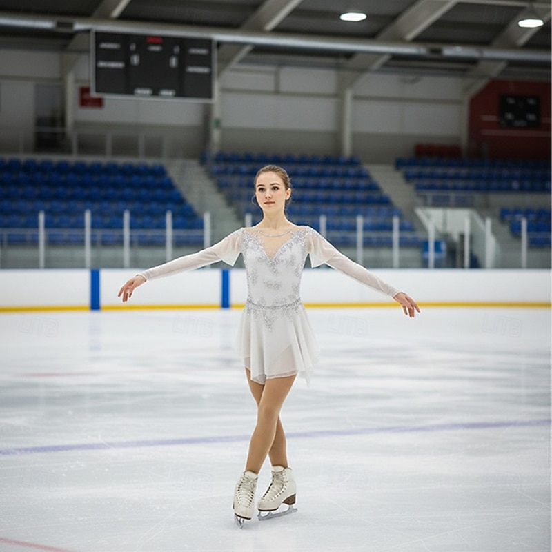 Figure Skating Dress Women's Girls' Ice Skating Dress White Patchwork Open Back Mesh Spandex Stretchy Training Practice Professional Skating Wear Thermal Warm Crystal / Rhinestone Short Sleeve Ice3