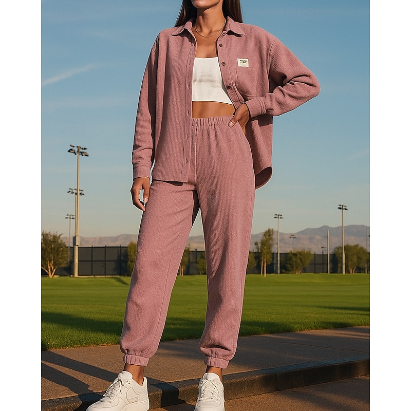 Women's Cuffed Sweatsuit Sets Shirt Jacket Lounge Suits with Pocket Solid Colored Clothing Suit Fall Pink Vocation Outdoor Travel Lightweight Fashion Long Sleeve Sport Activewear Micro-elastic3