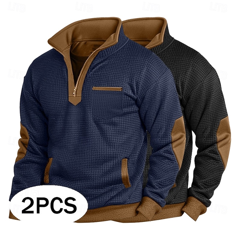 Men's Sweatshirt Waffle Sweatshirt Pullover Hoodie Sweatshirt Pullover Quarter Zip Sweatshirt Navy Blue+Black Standing Collar Plain Patchwork Color Block Textured Sports & Outdoor Casual Daily