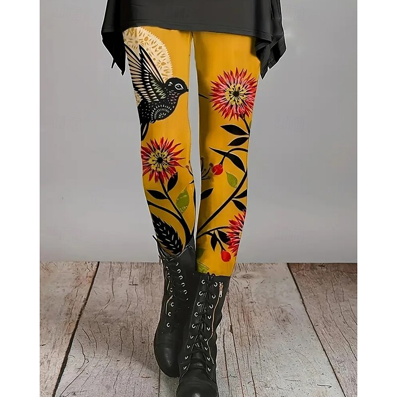 Women's Leggings Cozy Leggings Vacation Vintage Ethnic Style Full Length High Waist Floral Printing Thermal Warm Comfortable Stretchy Vacation Casual Daily Yellow Spring Fall Winter Slim Fit