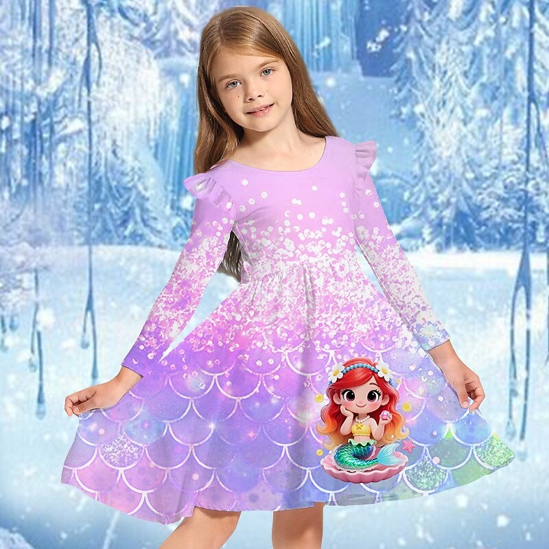 Girls' 3D Cartoon Mermaid Dress Ruffle Dress Long Sleeve Summer Spring Vacation Daily Holiday Princess Beautiful Sweet Kids 4-12 Years Casual Dress A Line Dress Knee-length Regular Fit