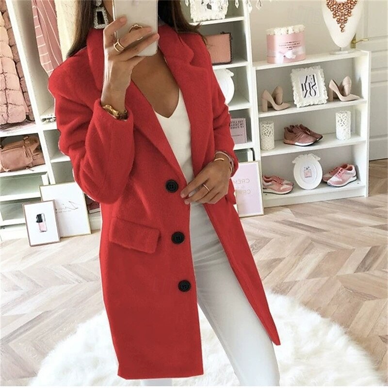 Women's Casual Jacket Warm Comfortable Pocket Buttons Fashion Outdoor Plain Going out Weekend Single Breasted Regular Lapel Regular Fit Long Sleeve Outerwear Black Pink Red Fall Winter3